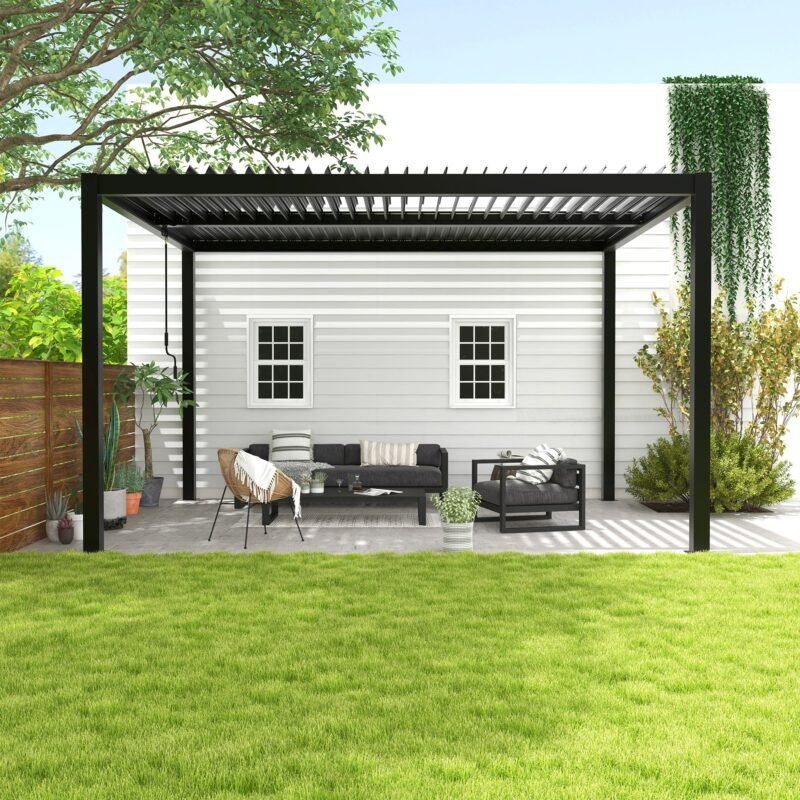 10' x 13' Louvered Pergola, Aluminum Frame and Louvers, Black w/ Free 20 inch Ceiling Fan