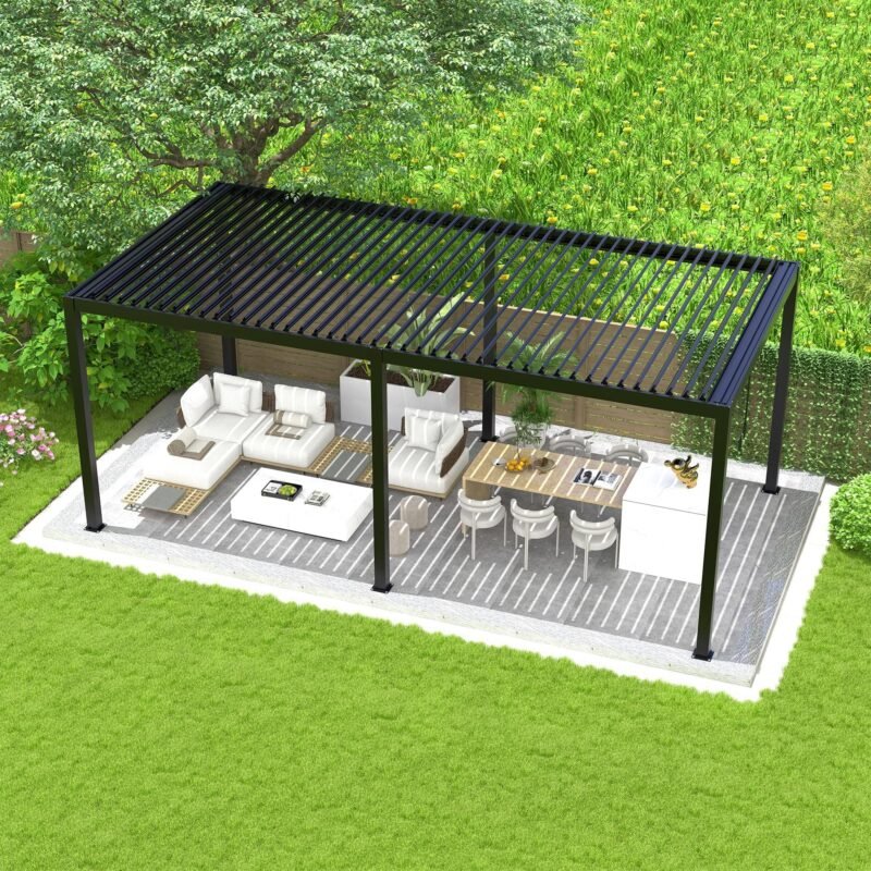 10' x 19' Louvered Pergola, Aluminum Frame, Steel Louvers, Black w/ Free 20 inch Ceiling Fan