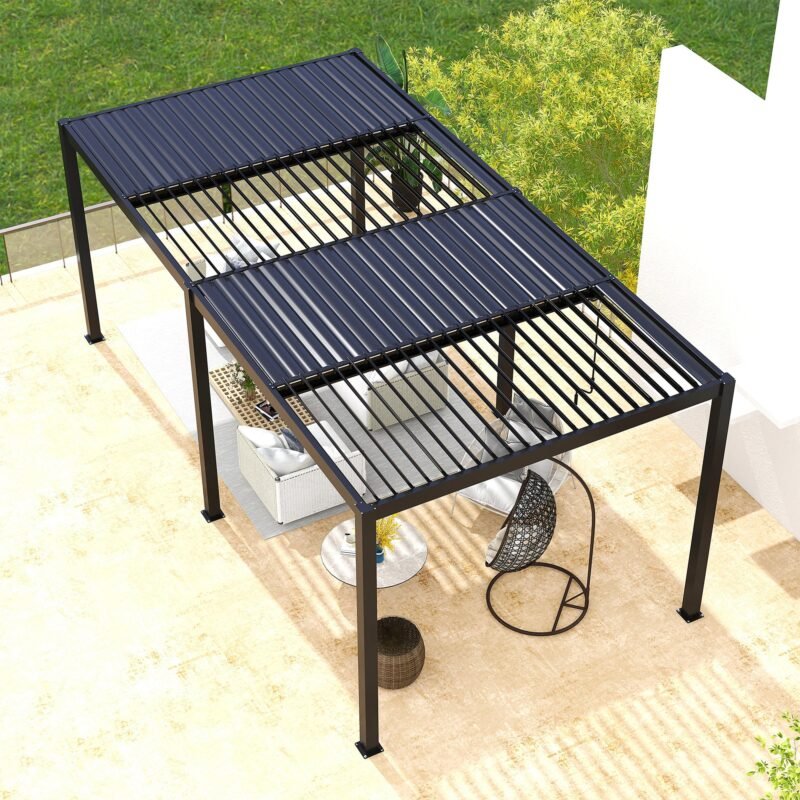 10' x 19' Louvered Pergola, Aluminum Frame and Louvers, Black w/ Free 20 inch Ceiling Fan